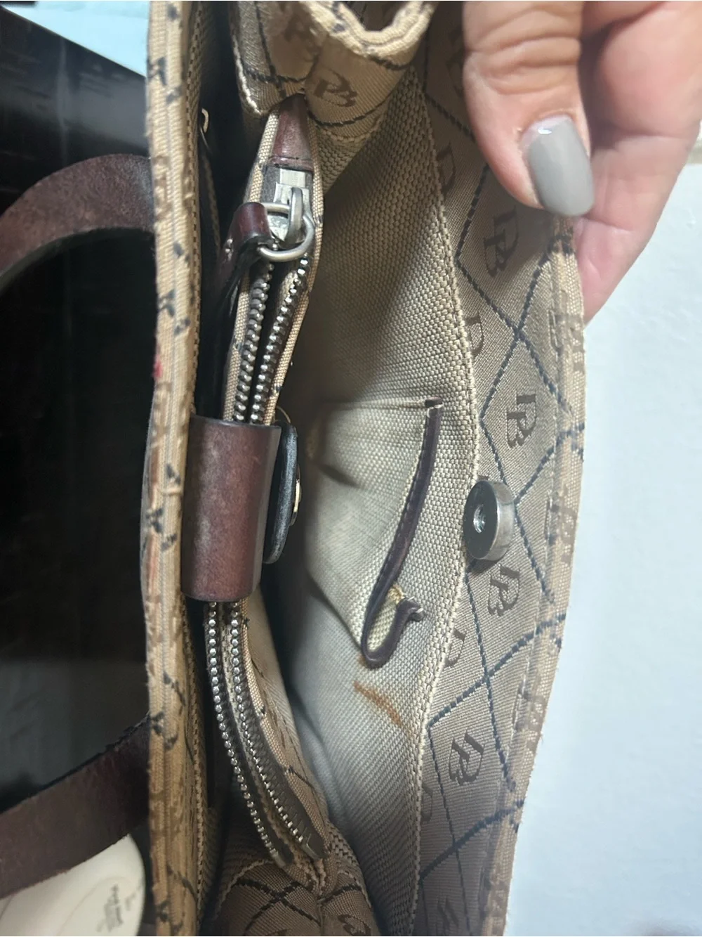 Dooney & Bourke Beige Canvas Monogram Tote with Brown Straps
